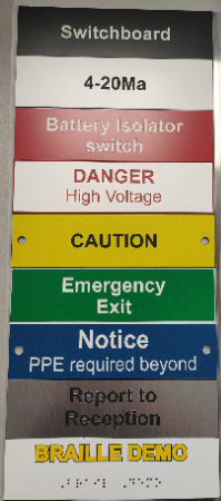 FRONT ENGRAVED LABEL, WHITE TEXT ON RED B/GRND